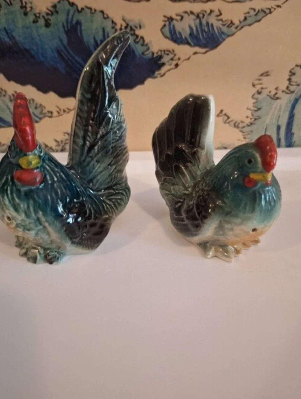 Source Unknown Blue and Red Ceramic Rooster Salt & Pepper Shakers